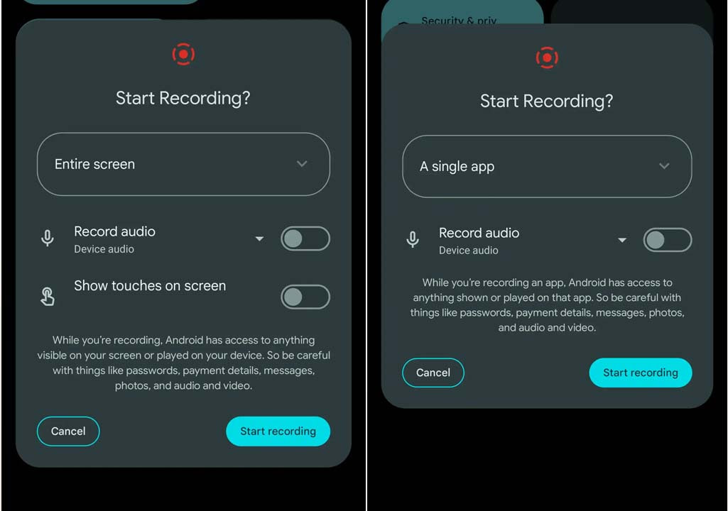 Android 14 QPR2 Single app screen recording